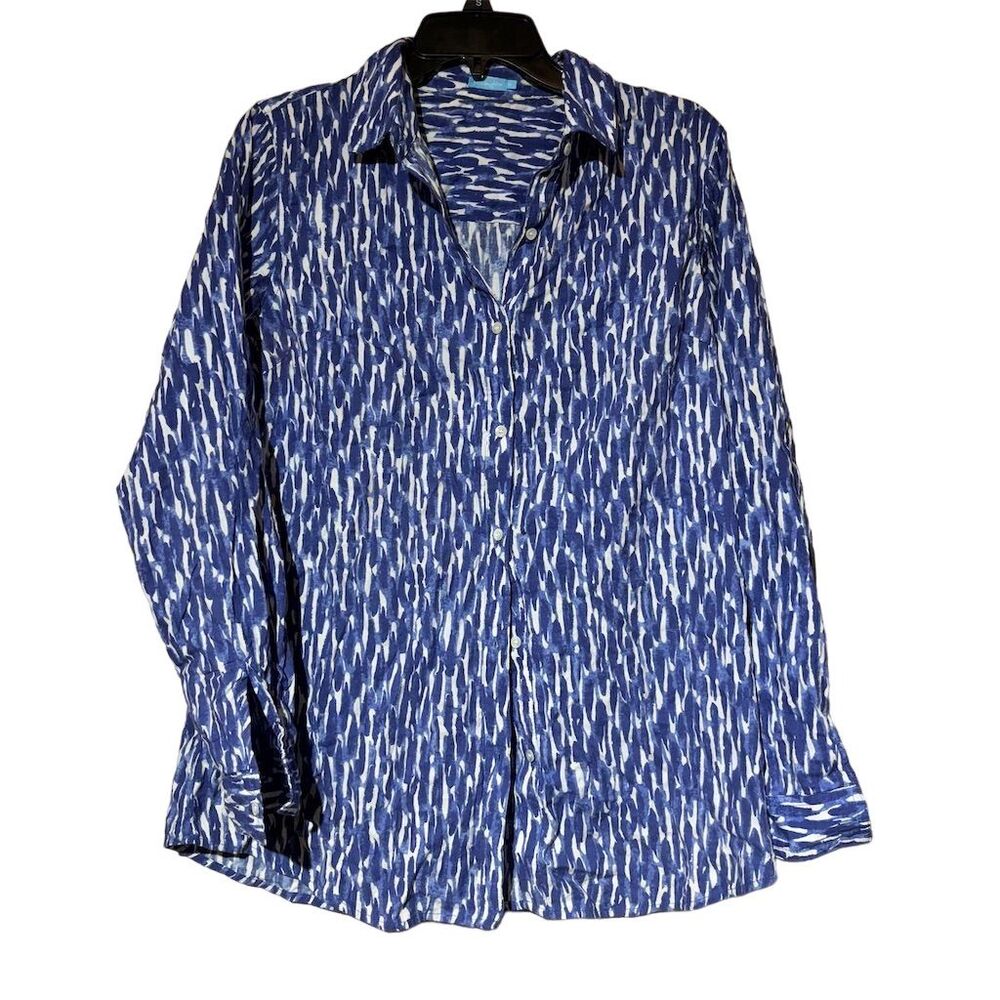 J. McLaughlin M Blue Geometric Button-Up Shirt Long Sleeve Collared Casual
